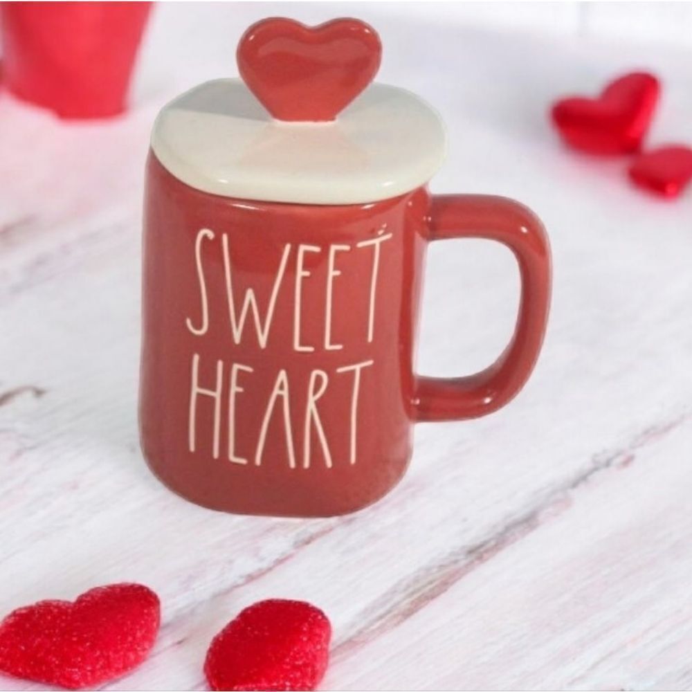 Rae Dunn Sweet Heart Mug with Heart Lid Topper Red White Valentine